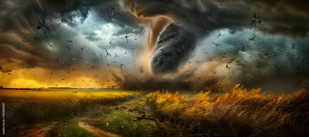 Poster tornado alley where swirling vortexes become dna helixes made of binary code and debris transforms i