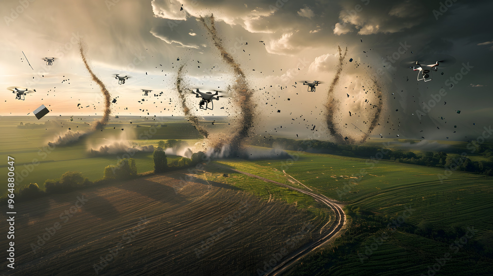 Poster tornado alley where swirling vortexes become dna helixes made of binary code and debris transforms i