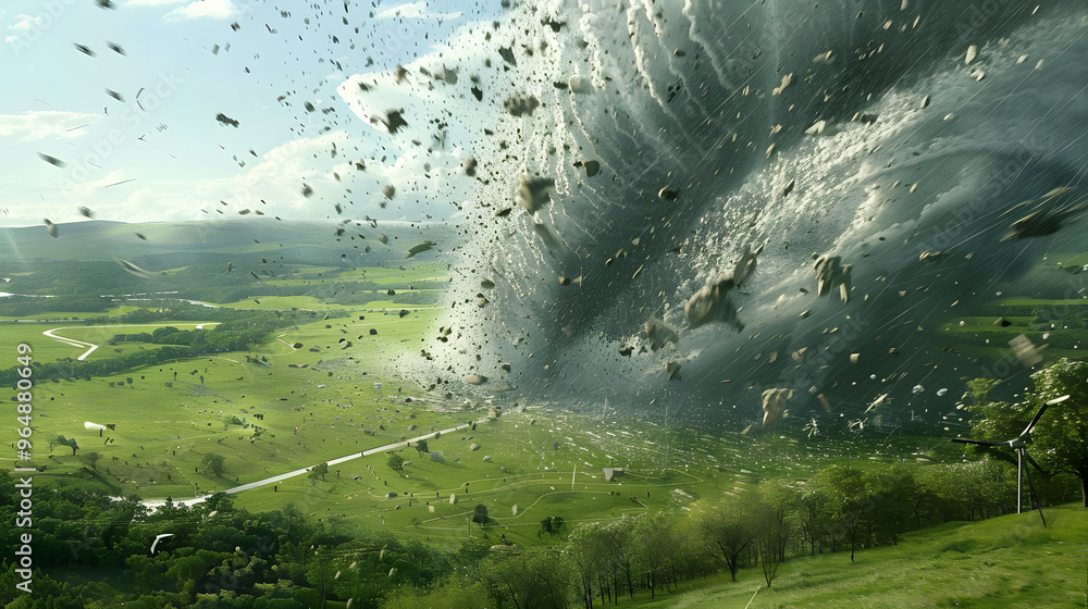 Poster tornado alley where swirling vortexes become dna helixes made of binary code and debris transforms i