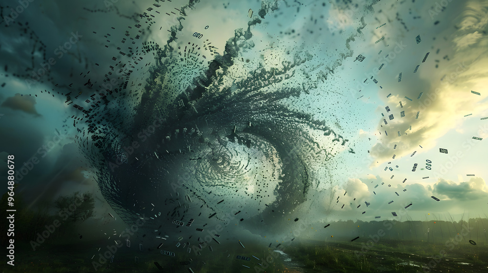 Poster tornado alley where swirling vortexes become dna helixes made of binary code and debris transforms i