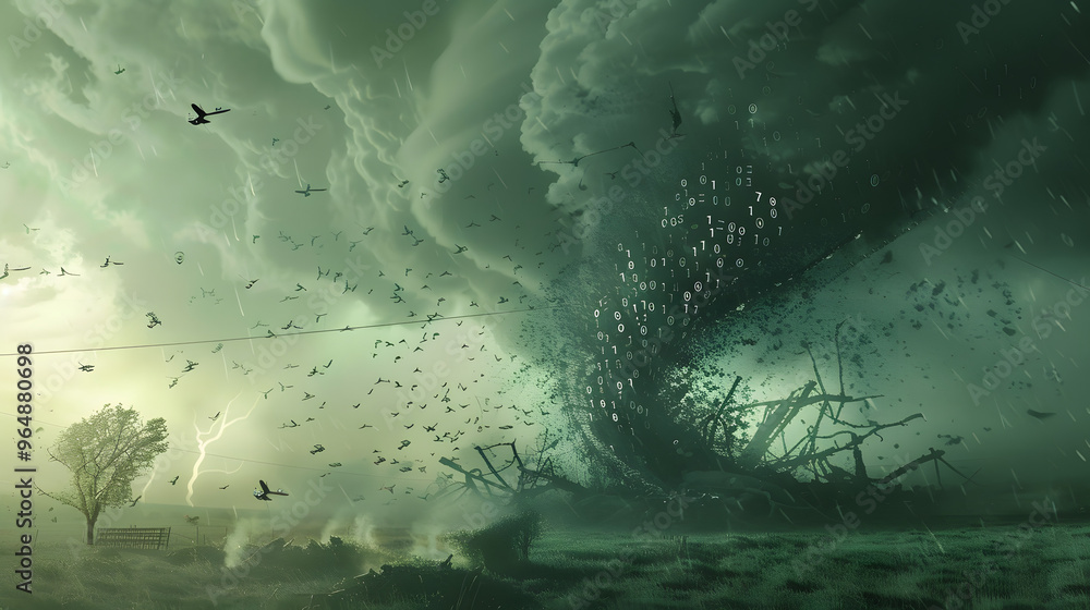 Poster tornado alley where swirling vortexes become dna helixes made of binary code and debris transforms i
