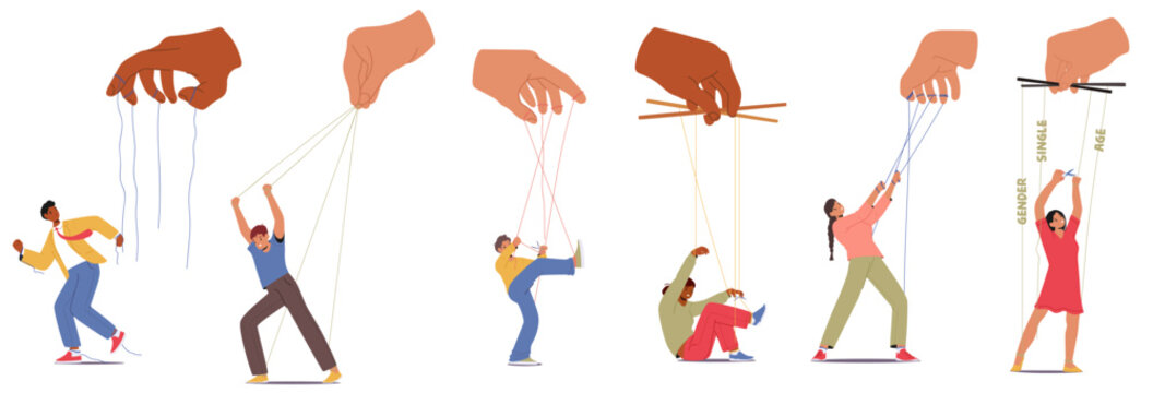 Cartoon Vector Illustration Of Characters Breaking Free From Puppet Strings. Image Depicts Liberation From Control