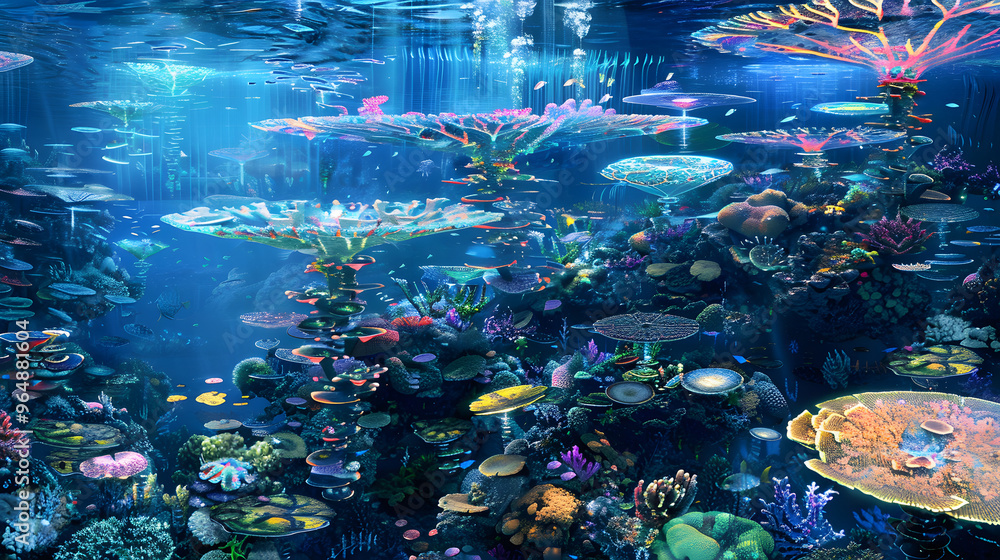 Poster underwater coral reef ecosystem with polyps functioning as bio-computers and currents carrying data 