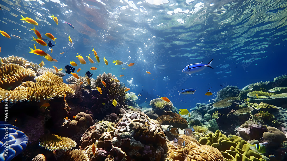 Poster underwater coral reef ecosystem with polyps functioning as bio-computers and currents carrying data 