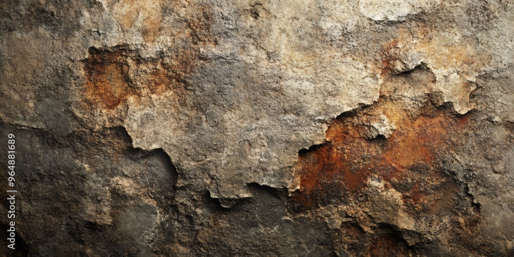 Poster a close-up shot of a weathered rock surface, showcasing a textured pattern of cracks, crevices, and 