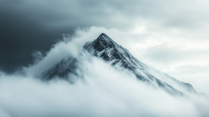 A foggy mountain peak with layers of mist swirling around the summit – capturing the majesty of nature as the clouds roll by
