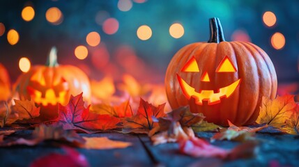 Fototapeta premium Fundo fotográfico de Halloween com abóboras iluminadas em piso de madeiras rústico e luzes desfocadas ao fundo. Ideal para convites, banners e outros projetos de Halloween