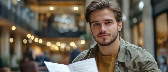 Young man reviewing a menu at a restaurant in a busy urban area