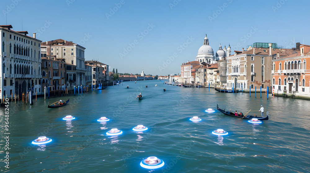 Poster venetian canal system with gondolas becoming hoverboards and water ripples encoding cryptographic me