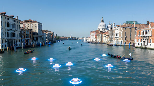 Venetian canal system with gondolas becoming hoverboards and water ripples encoding cryptographic messages 