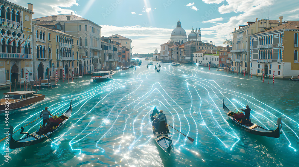 Poster venetian canal system with gondolas becoming hoverboards and water ripples encoding cryptographic me