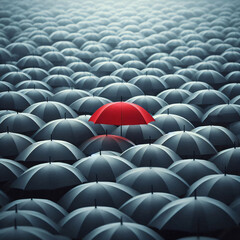 Single bright red umbrella in the midst of hundreds of grey umbrellas on an overcast stormy rainy day