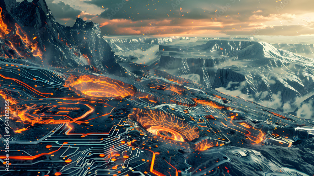 Poster volcanic landscape with lava flows crystallizing into silicon wafers and microprocessor designs