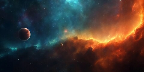 Obraz premium A red planet in the vastness of space with blue and orange nebulae, starry background.