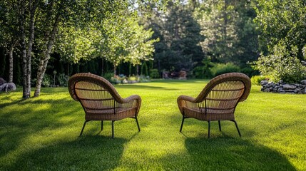 Two chairs set in a peaceful garden and surrounded by trees and flowers