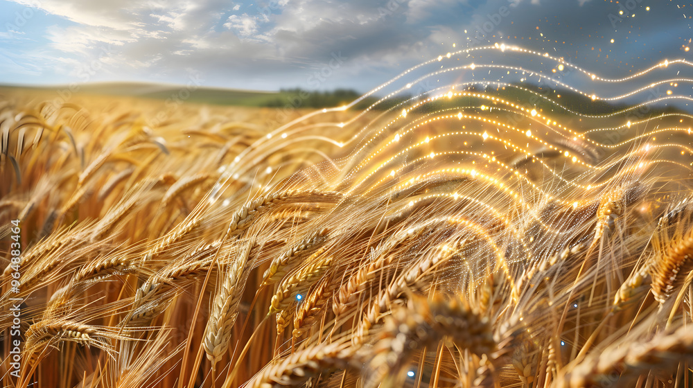 Poster wheat fields with stalks made of antenna arrays and golden grains dissolving into wireless signal pa