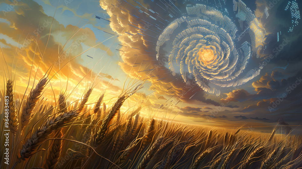 Poster wheat fields with stalks made of antenna arrays and golden grains dissolving into wireless signal pa