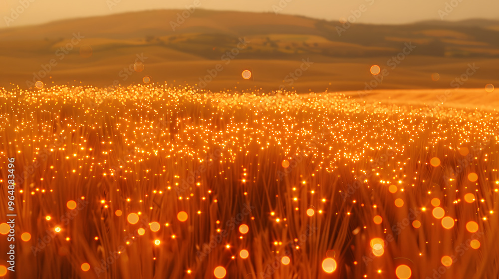 Poster wheat fields with stalks made of antenna arrays and golden grains dissolving into wireless signal pa