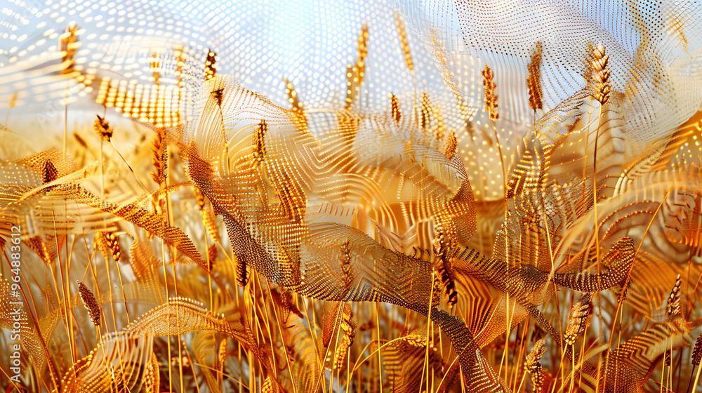 Poster wheat fields with stalks made of antenna arrays and golden grains dissolving into wireless signal pa