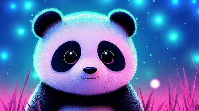 Cute adorable panda bear sitting against an abstract night starry sky background