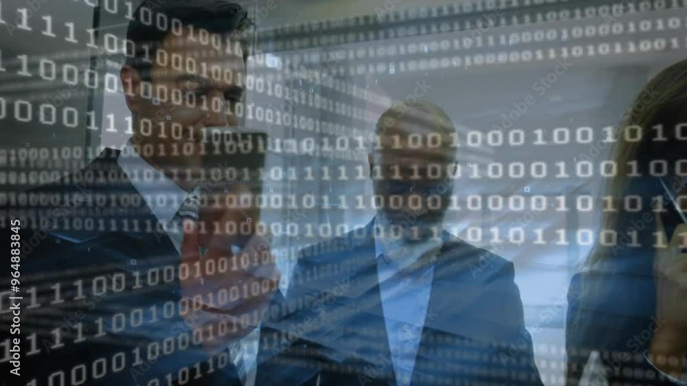 Poster animation of binary coding data processing over diverse business people in office