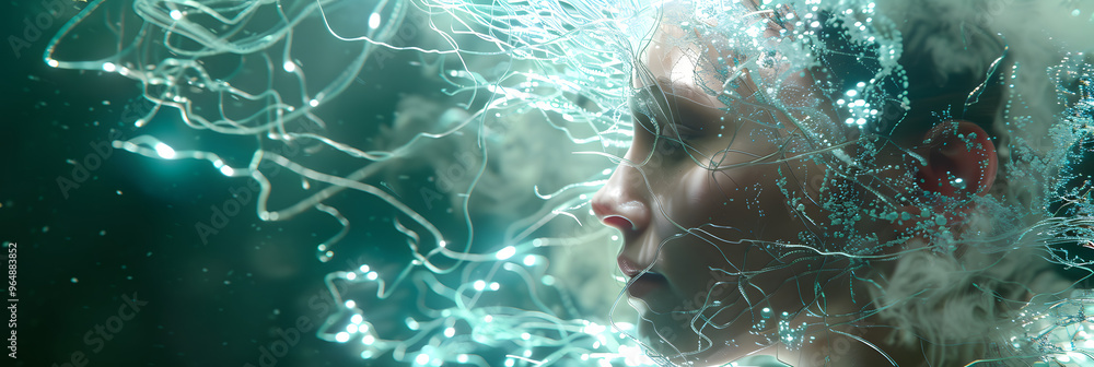 Poster woman's profile with visible neural networks and underwater scene backdrop