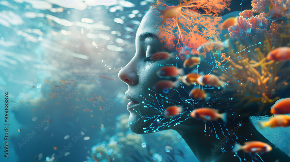 Poster woman's profile with visible neural networks and underwater scene backdrop