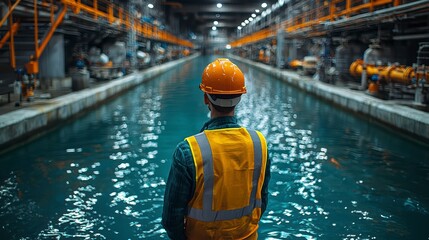 A worker in protective gear carefully inspects a large water treatment plant