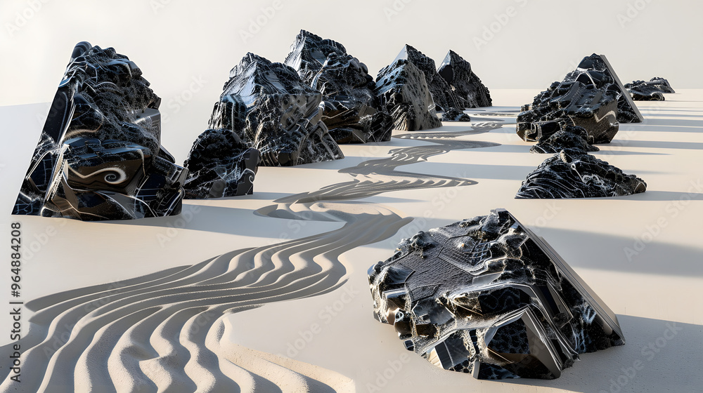 Poster zen garden with rocks shaped like quantum computers and raked sand patterns mimicking quantum entang