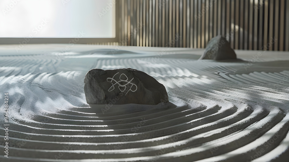 Poster zen garden with rocks shaped like quantum computers and raked sand patterns mimicking quantum entang