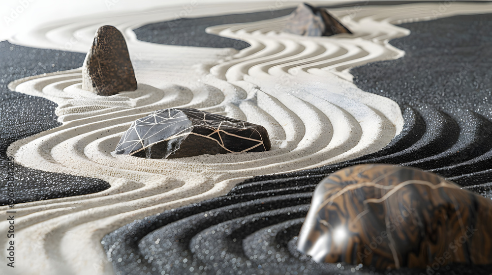 Poster zen garden with rocks shaped like quantum computers and raked sand patterns mimicking quantum entang