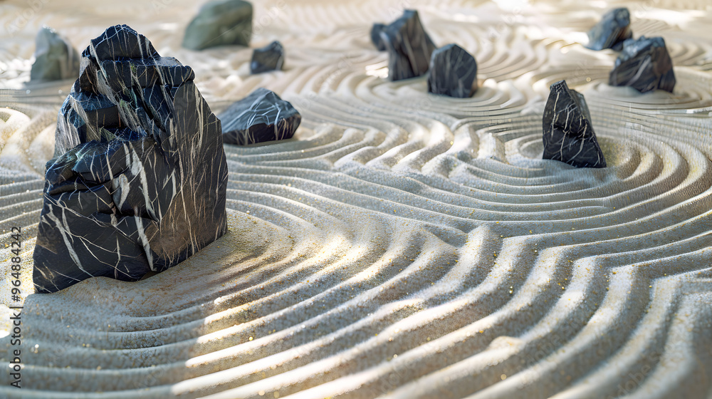 Poster zen garden with rocks shaped like quantum computers and raked sand patterns mimicking quantum entang