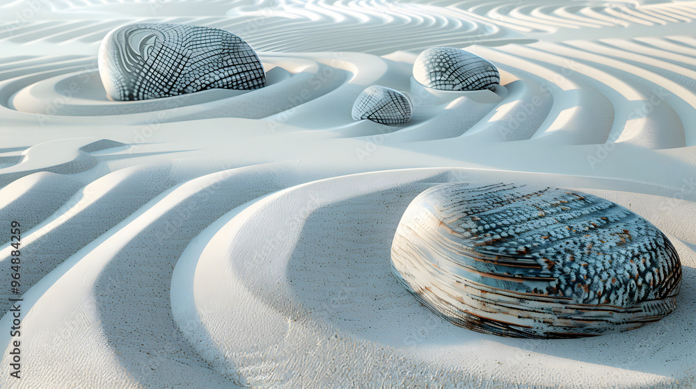 Poster zen garden with rocks shaped like quantum computers and raked sand patterns mimicking quantum entang