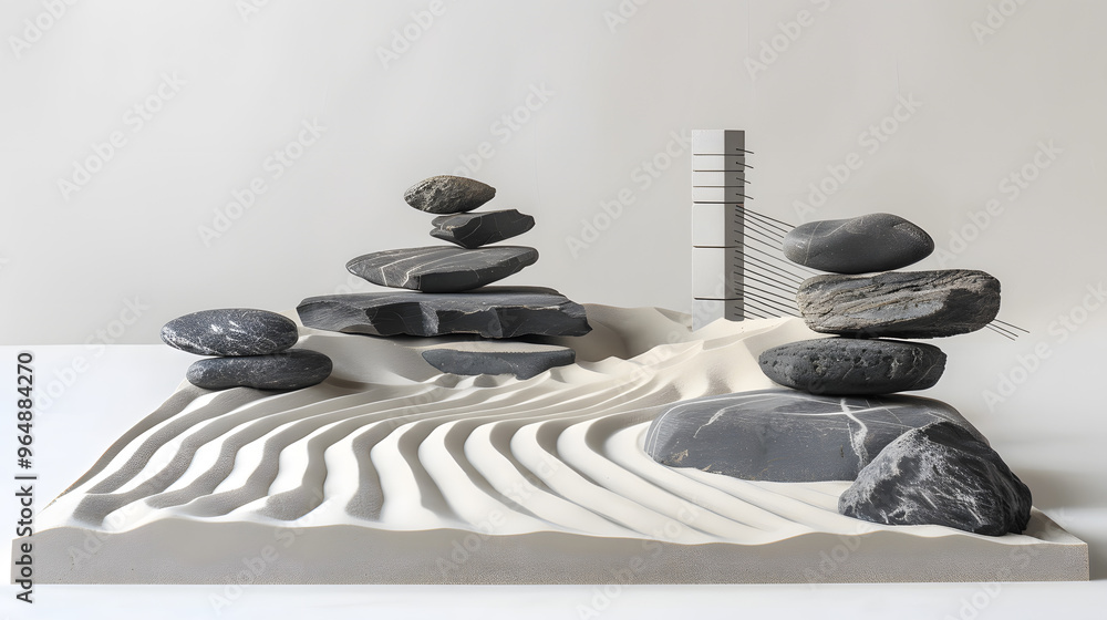 Poster zen garden with rocks shaped like quantum computers and raked sand patterns mimicking quantum entang
