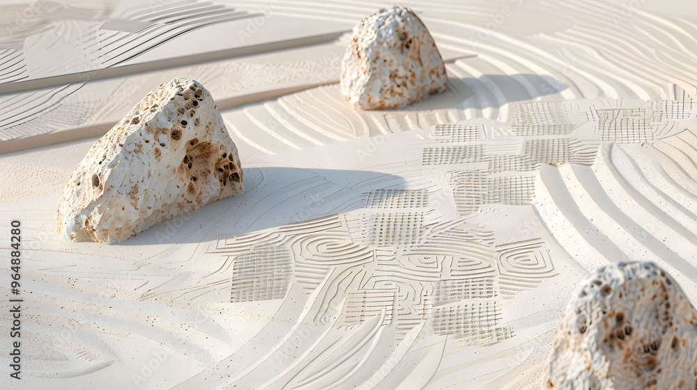 Poster zen garden with rocks shaped like quantum computers and raked sand patterns mimicking quantum entang