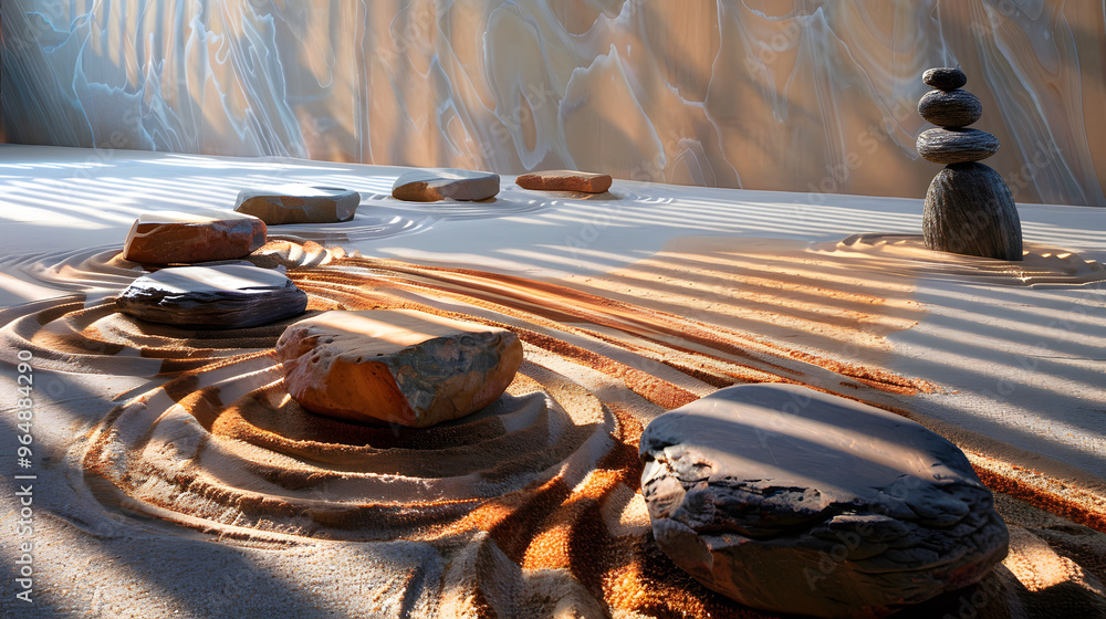 Poster zen garden with rocks shaped like quantum computers and raked sand patterns mimicking quantum entang