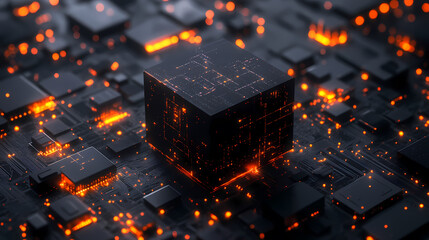Black cube in futuristic technology circuit