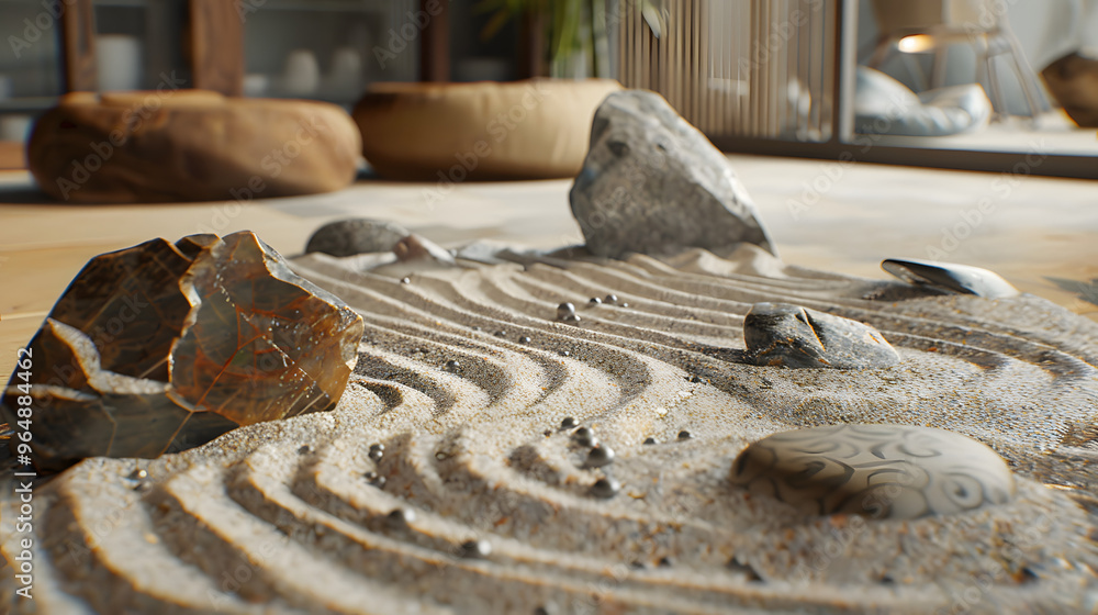 Poster zen sand garden with rocks as quantum computers and raked patterns representing entanglement diagram