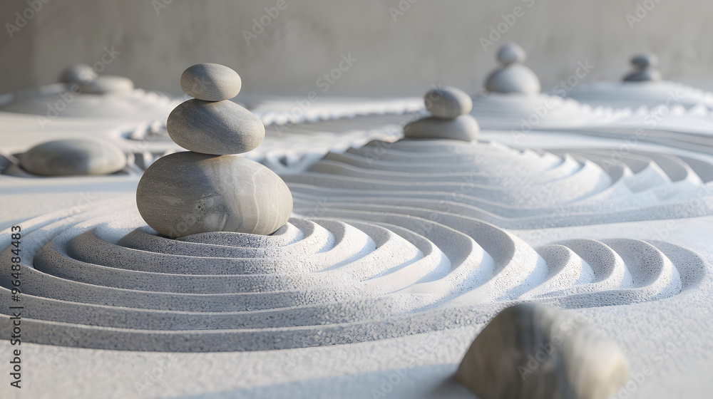 Poster zen sand garden with rocks as quantum computers and raked patterns representing entanglement diagram