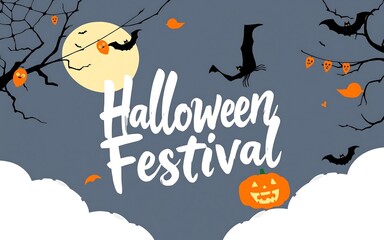 Festive Halloween banner with spooky silhouettes, pumpkins, and a full moon. Perfect for invitations, posters, and social media. 
