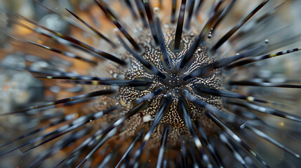 Intricate Close-Up of a Sea Urchin Showcasing its Defensive Spines and Unique Texture in a Blurred Aquatic Background