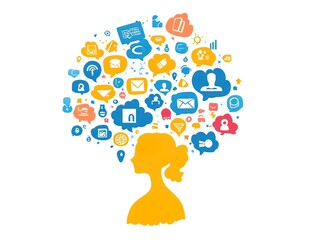 Female silhouette with digital communication icons