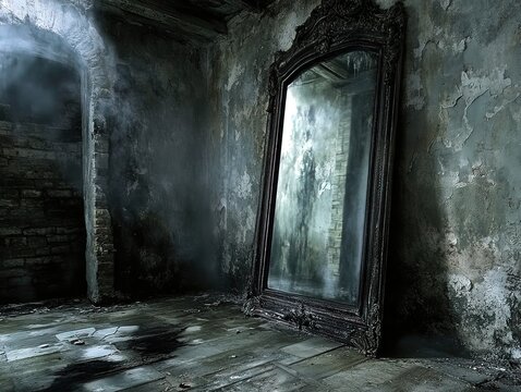 Large antique mirror in a decayed setting