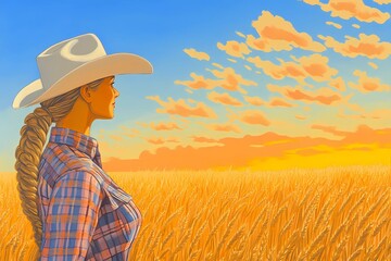 background image of a cowboy woman, western illustration style, western.  
