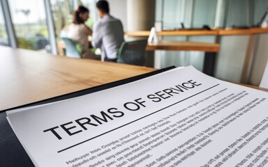 Terms of Service Document in Focus on Desk, Background Showing Blurred Customers - business, contracts, client agreements
