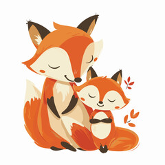 Obraz premium A mother fox is sitting on the ground with her baby fox