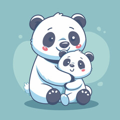 Naklejka premium A cartoon panda bear is holding a baby panda bear