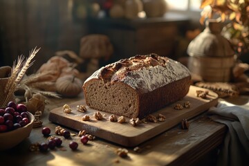a rustic loaf of freshly baked bread, with a crunchy golden crust, sitting on a wooden cutting board.