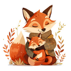 A mother fox is holding her baby fox in her arms. Concept of warmth and love between the mother and her child