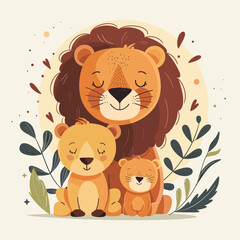 A lion and two cubs are sitting together in a forest. The lion is smiling . The scene is happy and peaceful